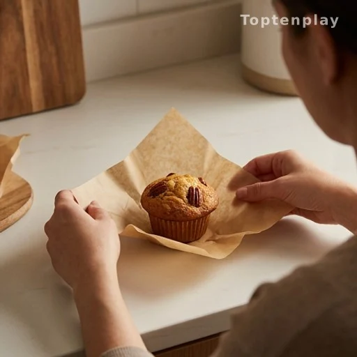 Hands wrapping a pecan muffin for a portable heart-healthy snack