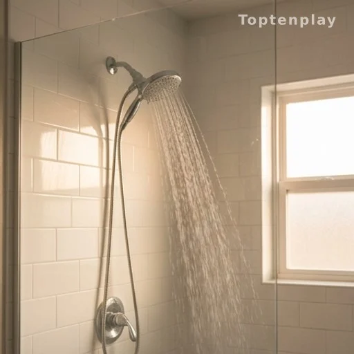 Running shower in a clean modern bathroom, health and hygiene context