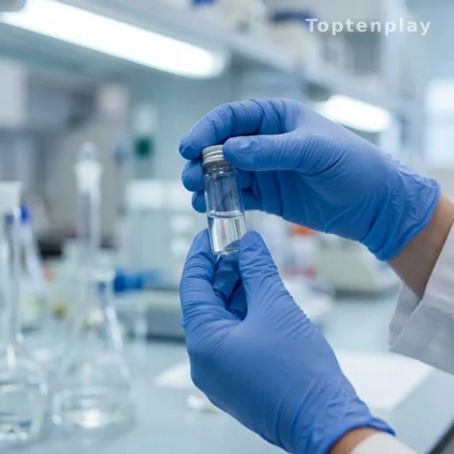 Lab technician handling urine sample vial, microbiology research setting