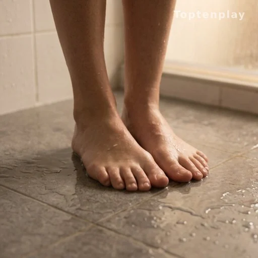 Bare feet on wet shower floor, hygiene and health risk illustration