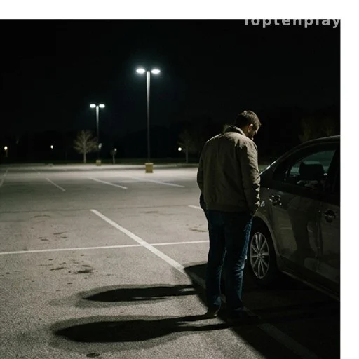 driver checking rear tire alone in dark parking lot, car security risk