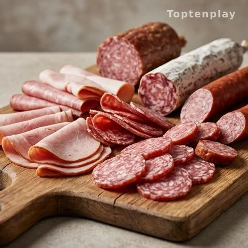 Sliced cured deli meats and sausages on a wooden board