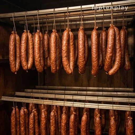 Smoked sausages hanging on hooks in a curing room