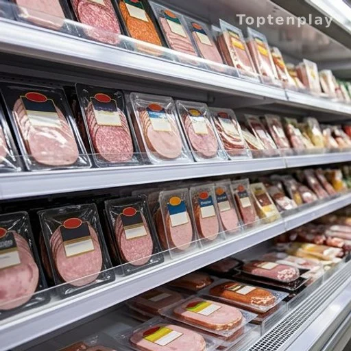 Packaged processed meats on a supermarket refrigerator shelf