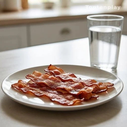 Cooked bacon strips on a plate with a glass of water on a kitchen table