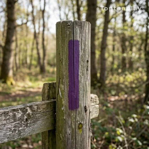 Purple paint stripe on a rural fence post marking private property boundary