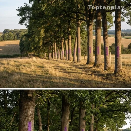 Row of trees with purple paint stripes marking a private property boundary in a rural state