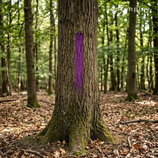 Close-up of purple paint trespassing marker on a tree trunk in a rural forest