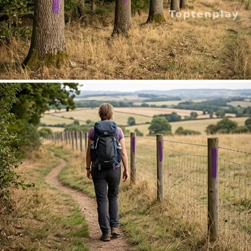 Hiker stopping at a purple-painted fence line marking private property boundary