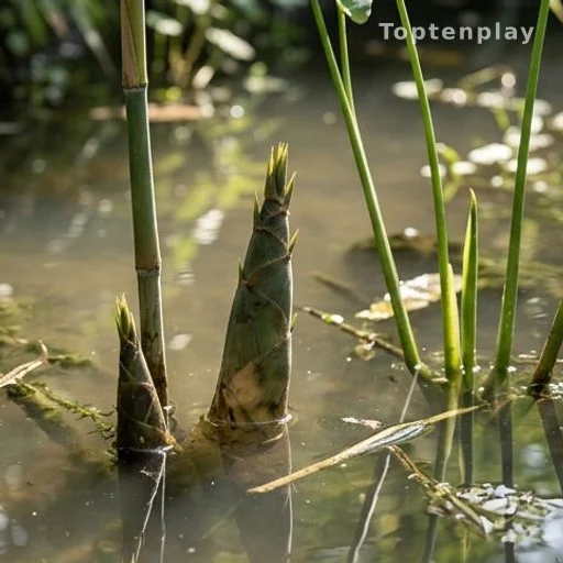 Fresh aquatic bamboo shoots growing in a pond with murky water