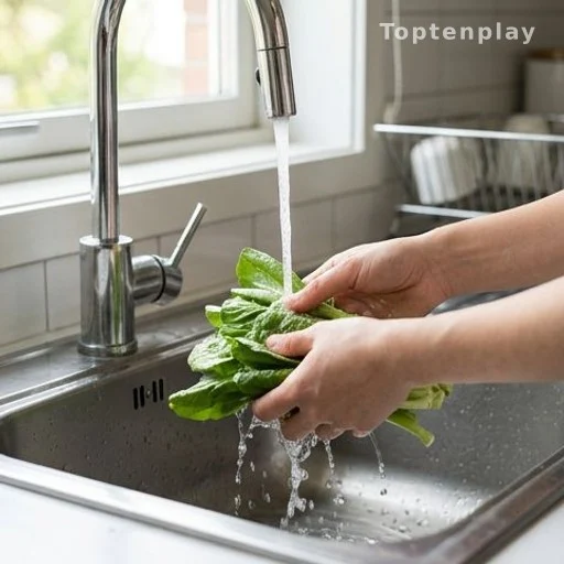 Hands washing fresh green vegetables under running water in a kitchen sink
