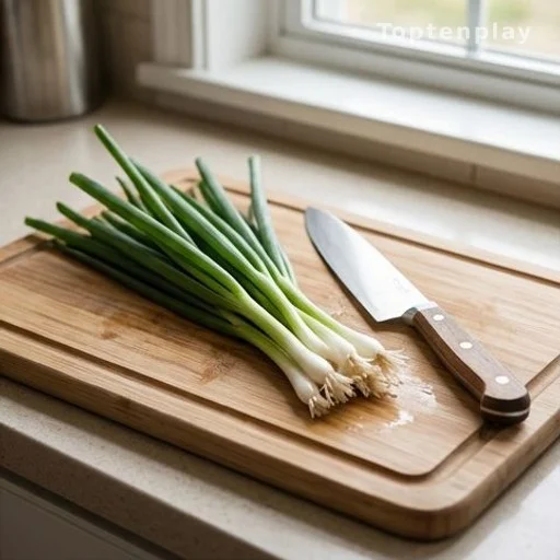 Green onions on a cutting board with a kitchen knife, preparation in progress