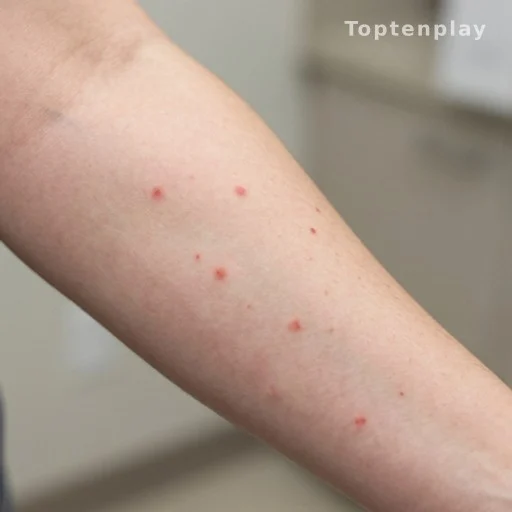 Bright red cherry angioma spots on adult forearm skin condition