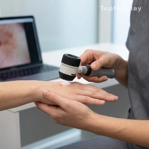 Dermatologist examining red skin dots during medical consultation for diagnosis