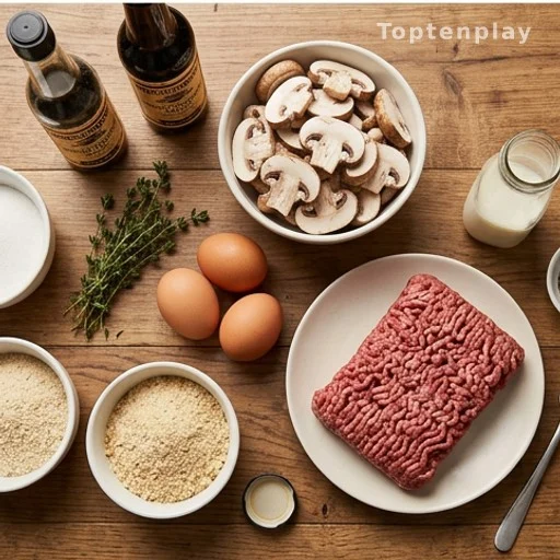 Raw ingredients for Salisbury steak recipe including ground beef, mushrooms, and pantry staples