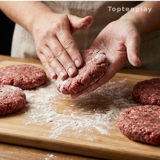 Hands shaping raw oval ground beef patties on a wooden cutting board