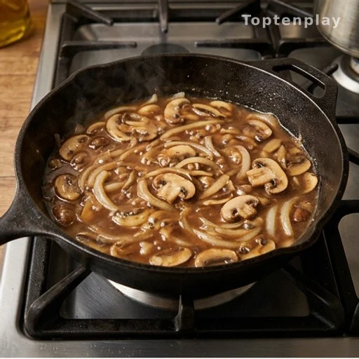 Mushrooms and onions sautéing in a cast iron skillet for homemade beef gravy