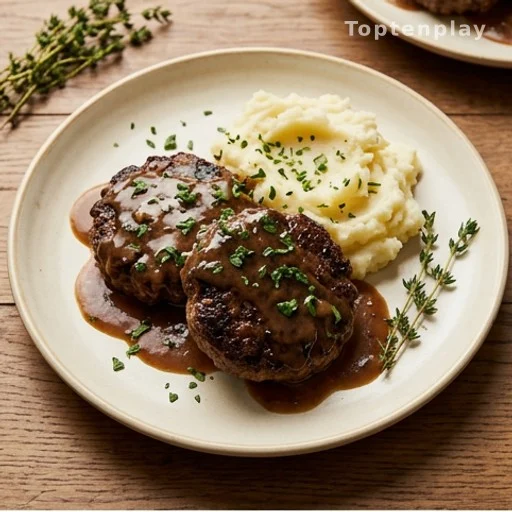 Salisbury steak with mushroom gravy plated over mashed potatoes for a classic dinner