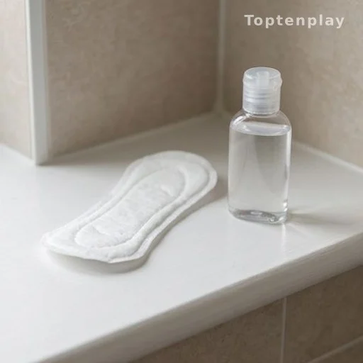 Sanitary pad and hand sanitiser on a bathroom shelf, menstrual hygiene