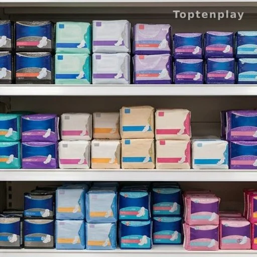 Various packaged sanitary pad products on a pharmacy shelf