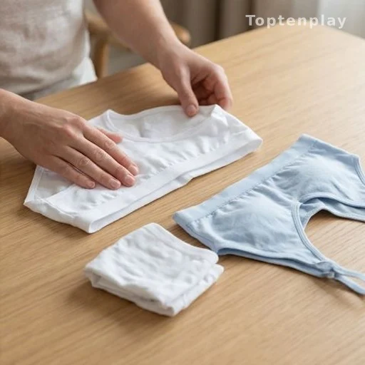 Hands folding breathable cotton underwear, menstrual hygiene and comfort