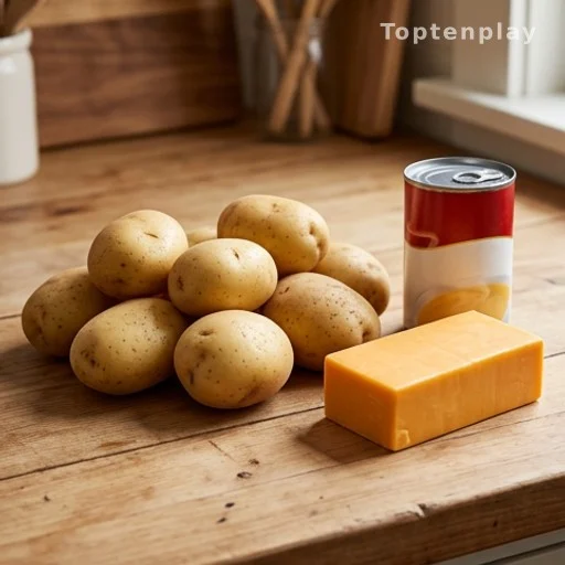 Budget slow cooker scalloped potatoes ingredients including potatoes and cheddar cheese