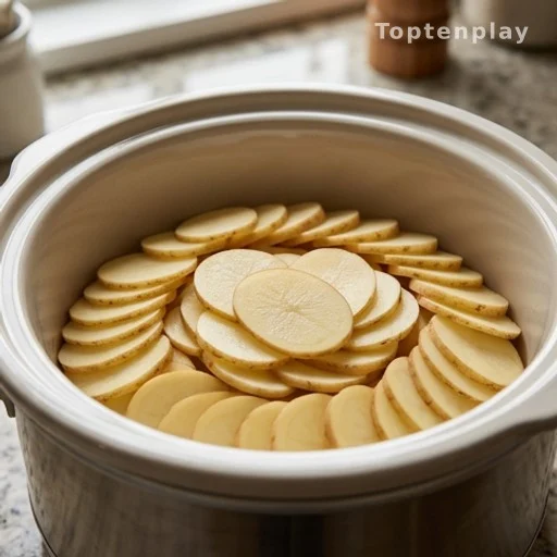 Thinly sliced potatoes layered in a slow cooker for a gluten-free side dish