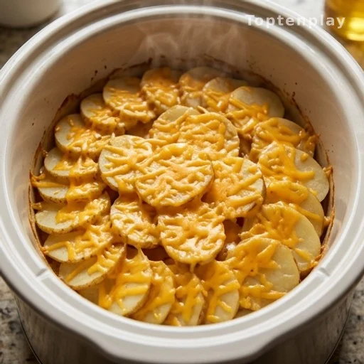 Slow cooker scalloped potatoes topped with melted cheddar cheese ready to serve