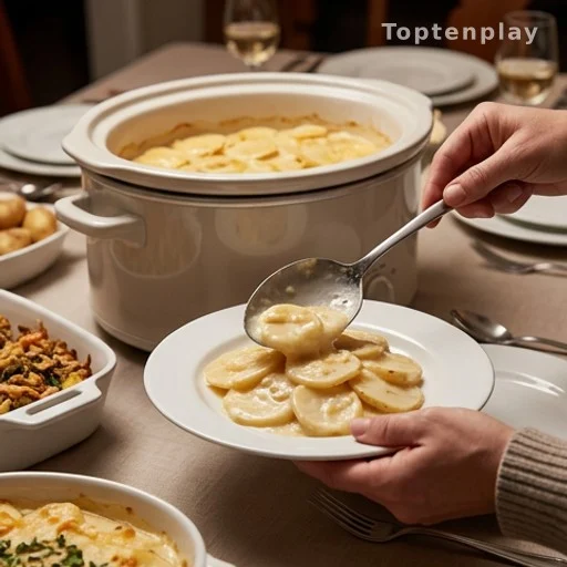 Person serving creamy slow cooker scalloped potatoes at a holiday dinner table