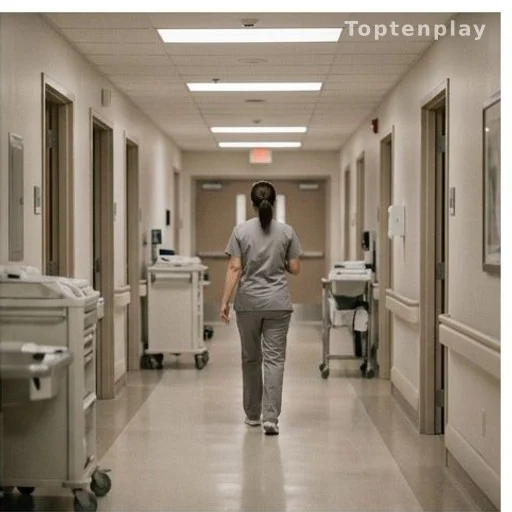 Hospital corridor representing Sharon Osbourne's COVID-19 hospitalization in 2022