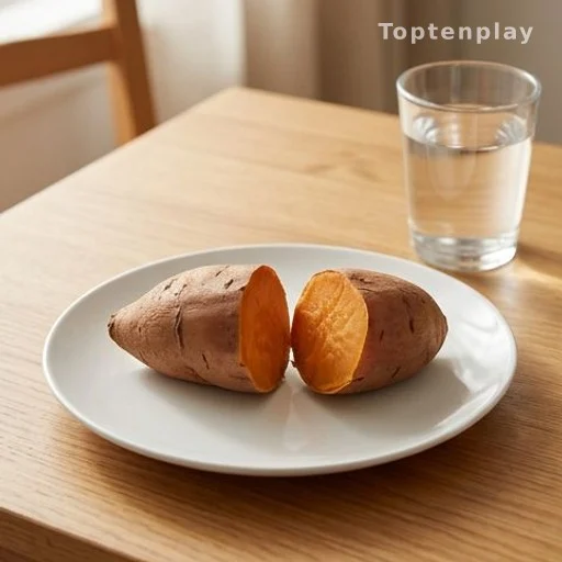 Boiled sweet potato on a white plate with a glass of water at breakfast