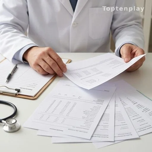 Doctor reviewing routine health examination results at a clinic desk