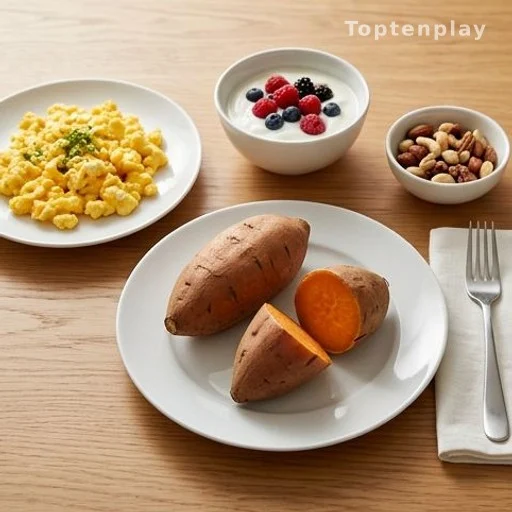 Balanced breakfast with sweet potato, eggs, yogurt, and nuts on a wooden table