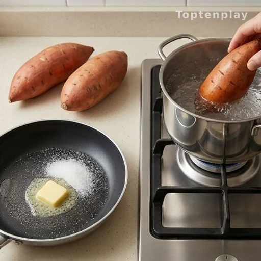 Sweet potato being boiled in water next to an alternative preparation with butter and sugar