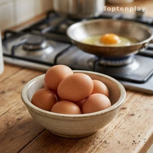 Fresh eggs in a bowl beside a frying pan on a kitchen stovetop