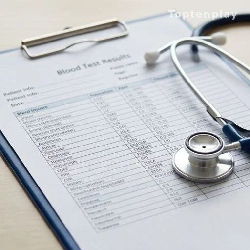 Blood test results form on a clinic desk with a stethoscope
