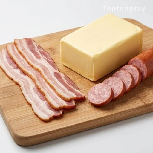 Bacon strips, butter and sausage on a wooden cutting board illustrating saturated fat sources