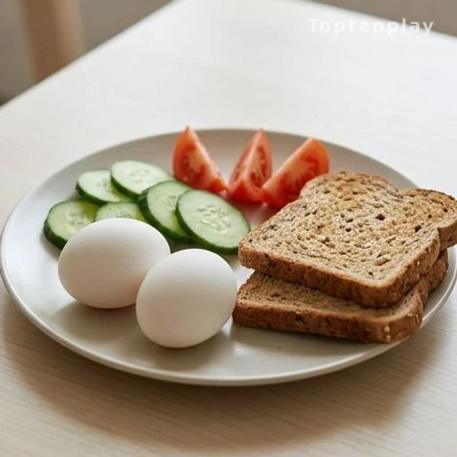 Healthy breakfast plate with two eggs, vegetables and whole-grain toast