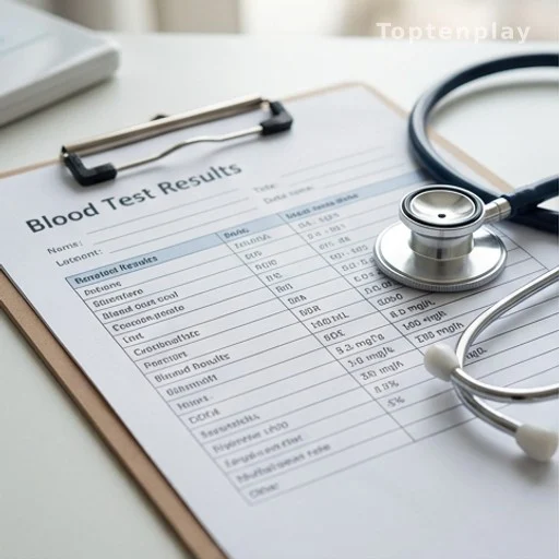 Blood test results form on a clinical desk, cholesterol health checkup