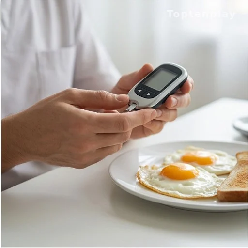 Blood sugar monitoring device near an egg breakfast, dietary health tracking