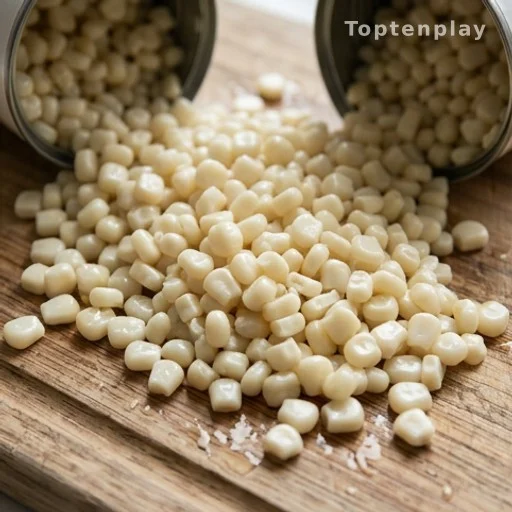White Shoepeg corn kernels drained on a wooden cutting board