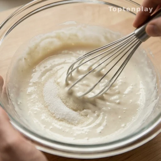 Creamy mayonnaise and vinegar dressing being whisked in a glass bowl