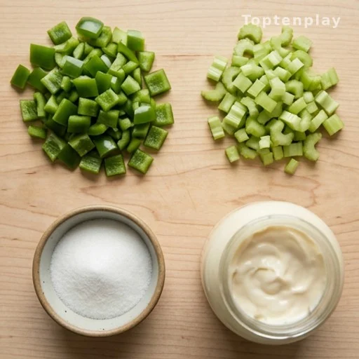 Fresh corn salad ingredients including diced bell pepper, celery, and mayonnaise