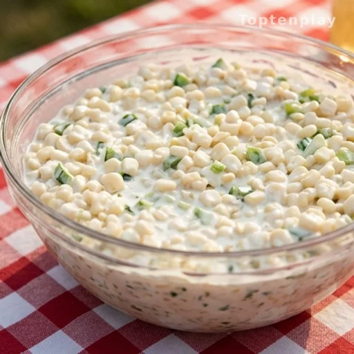 Classic Shoepeg corn salad in a glass bowl at a summer potluck