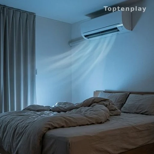 Air conditioner blowing cold air toward a bed at night