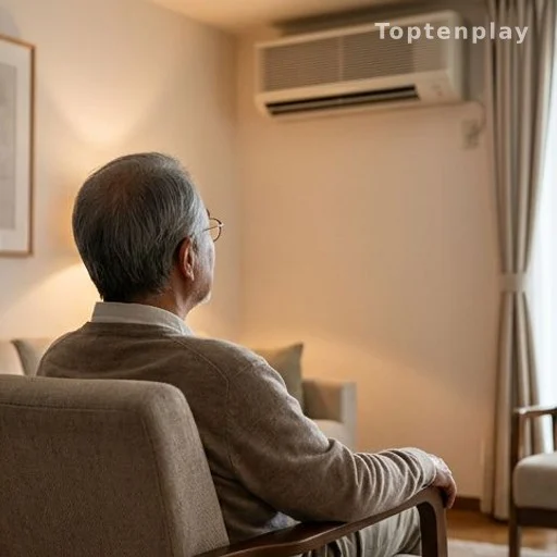 Older adult near air conditioning vent indoors, seen from behind