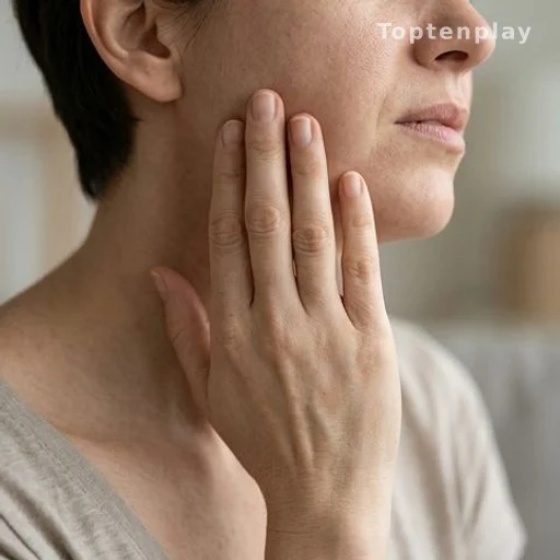 Person touching side of face showing signs of facial discomfort