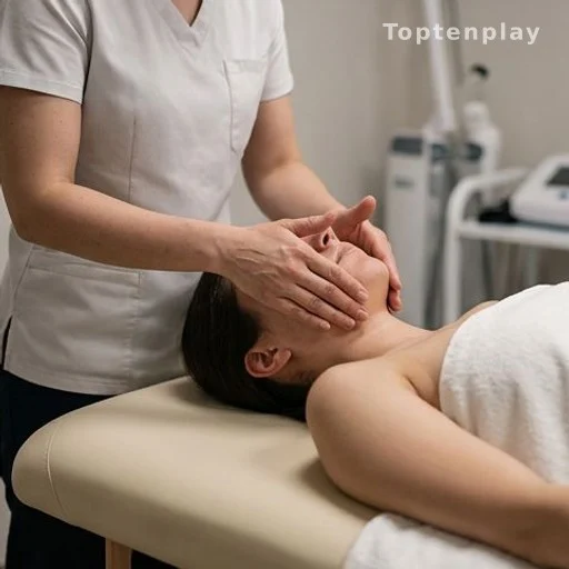 Physical therapist performing facial rehabilitation therapy on a patient