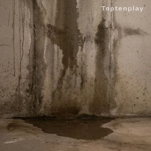 Damp basement wall with moisture streaks, home structural damage risk