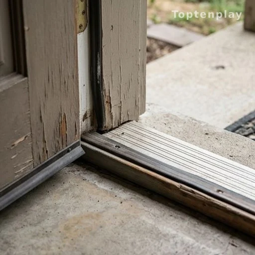 Worn door threshold gap, common slug entry point in home maintenance